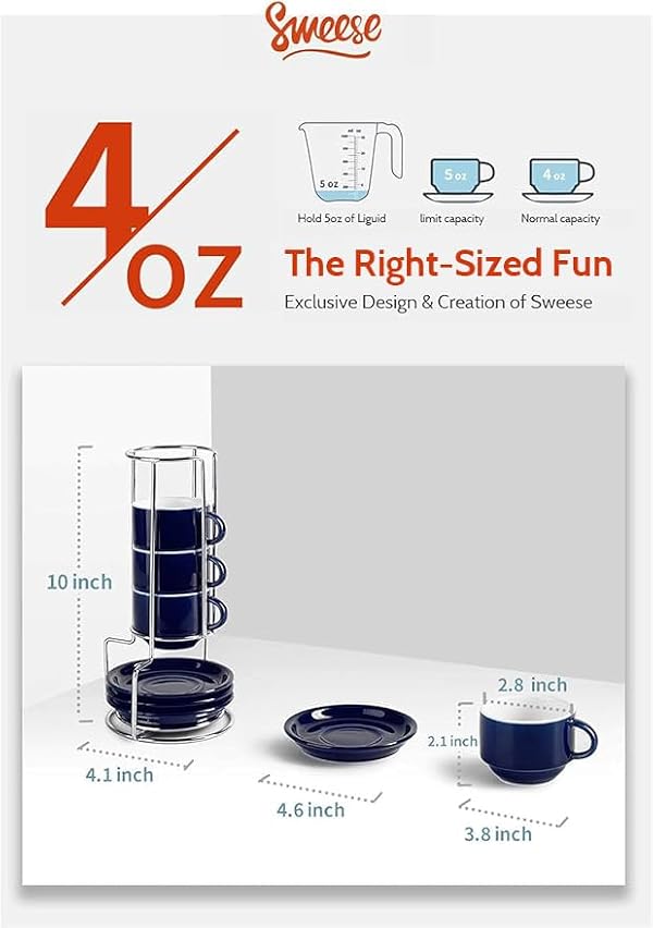 Sweese 4 Ounce Porcelain Stackable Espresso Cups with Saucers and Metal Stand Set of 4, Navy by Sweese - Image 6