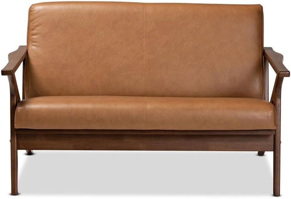 BOWERY HILL Mid-Century Wood/Faux Leather Loveseat, Walnut Brown/Tan Finish, 50 x 33.07 x 29.53 in, Foam Padding, Removable Cushions, Solid Rubberwood, Modern Seating for Living Room or Lounge Spaces