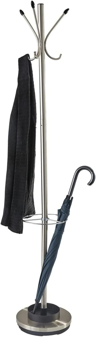 Adesso coat rack with umbrella stand, brushed steel