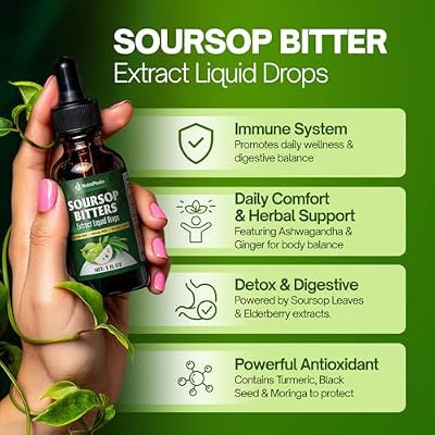 Soursop Bitters Liquid Drops Premium Herbal Blend with Soursop Leaves, Black Seed, Moringa, Ashwagandha, Senna, Goat Weed & Ginger, 2 fl oz | Natural Botanical Blend