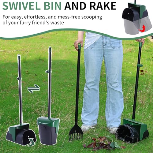 Image of ienjoyed Pooper Scooper Large Swivel Bin & Rake with 160 Waste Bags,Heavy Duty Dog Pooper Scooper with Bag Attachment for Dogs, Long Handle Poop Scooper with Lid for Yard, Grass, Gravel(Dark Green)
