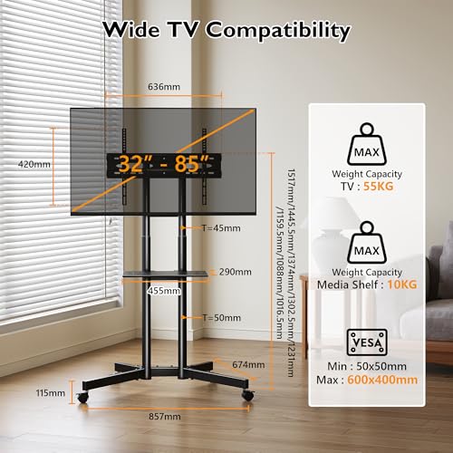 BONTEC Rollbarer TV Ständer mit feststellbaren Rollen, höhenverstellbarer TV Wagen für 32-85 Zoll Fernseher bis 55 kg, VESA bis 600x400, mit Ablage und Kabelmanagement, für Büro & Zuhause
