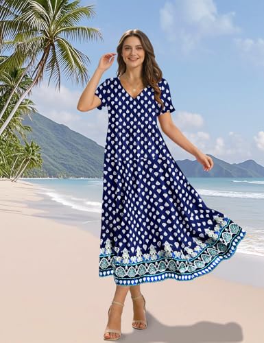 Image of YESNO Women's Summer Maxi Dresses Casual Floral Short Sleeve V Neck Boho Beach Vacation Swing Dress with Pockets EVF
