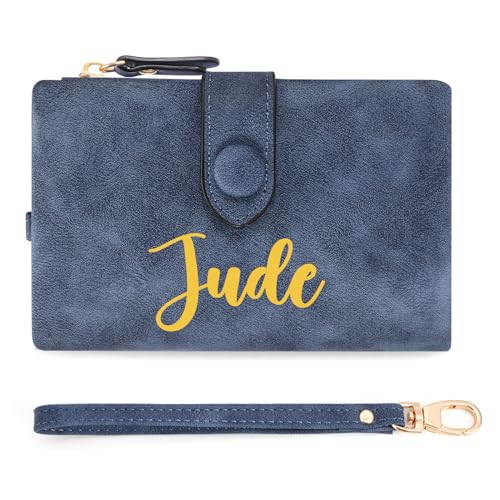 Angirlish Personalized Small Women Wallets, Custom Name Leather Ladies Wallet, Small Bifold Zipper Coin Purse with Wrist Strap,Customized Gift for Birthday Mothers Day Christmas(Blue)