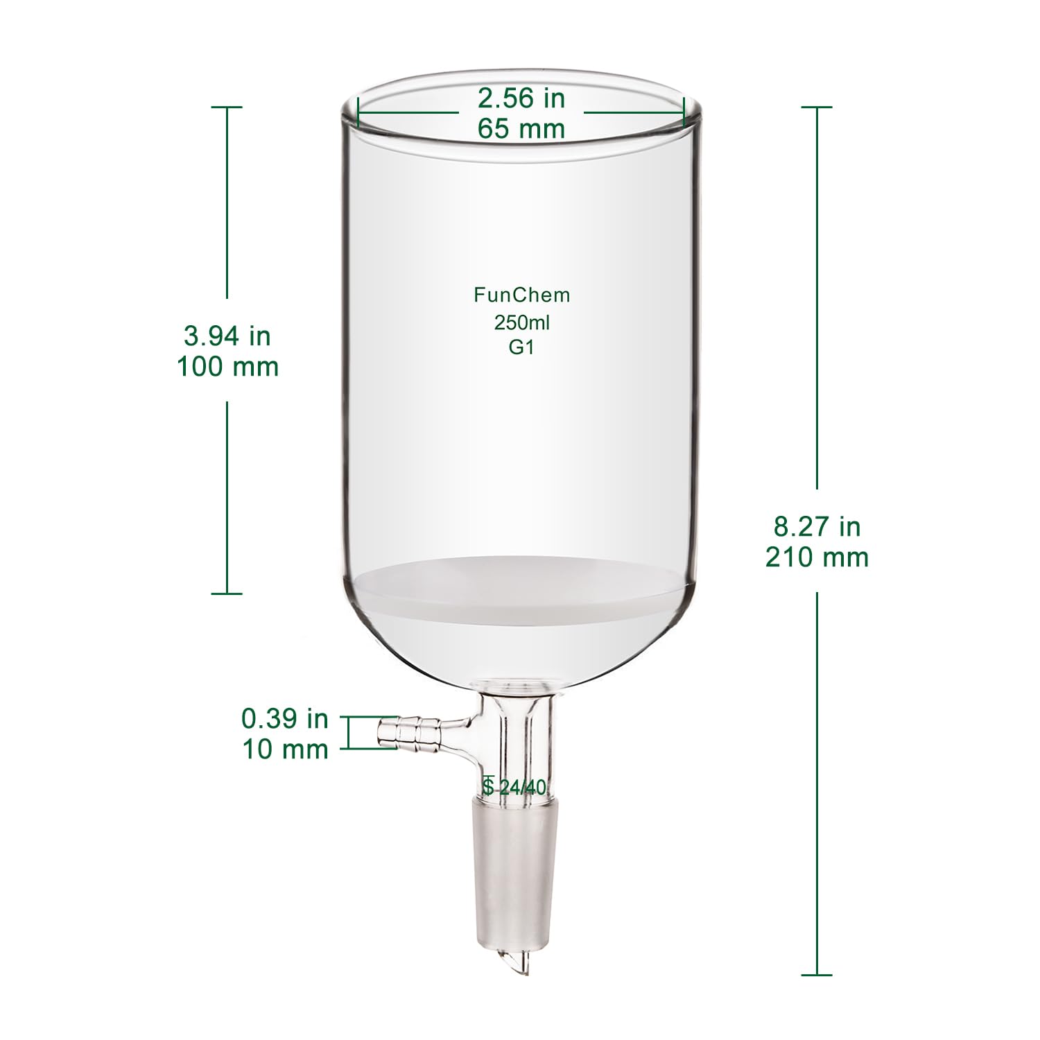 FunChem Filtering Buchner Funnel with Coarse Frit (G1), Borosilicate Glass Filtering Funnel with 24/40 Standard Taper Inner Joint and Vacuum Serrated Tubulation, 250 mL