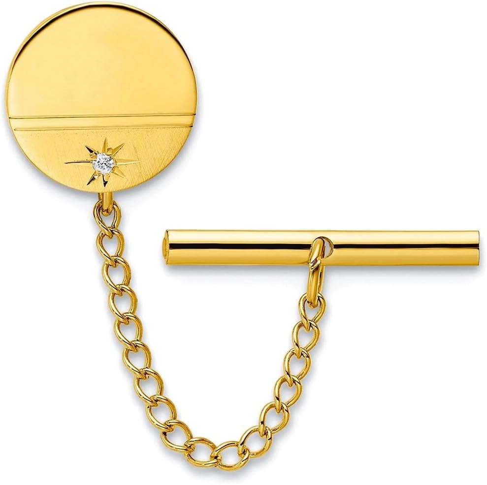 Solid Polished and satin Engravable (front only) Gold Plated.01 Ct. Diamond Polished Florentined Tie Tack Measures 13x13mm Wide - Tie Clip for Men