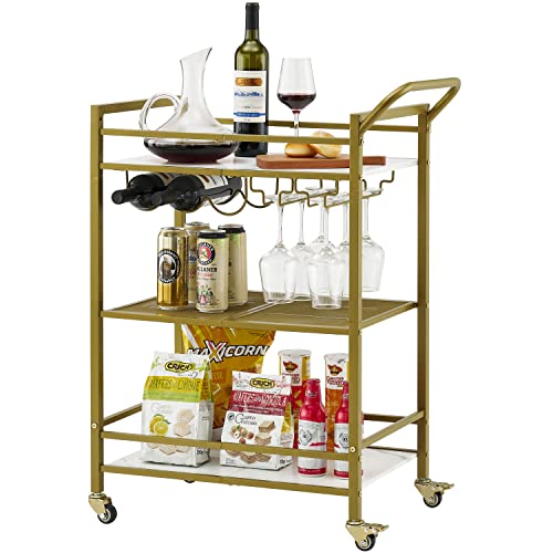 Tajsoon 3-Tier Bar Cart, Mobile Bar Serving Cart, Industrial Style Wine Cart For Kitchen, Beverage Cart With Wine Rack And Glass Holder, Rolling Drink Trolley For Living Room, Gold & White #TOP6