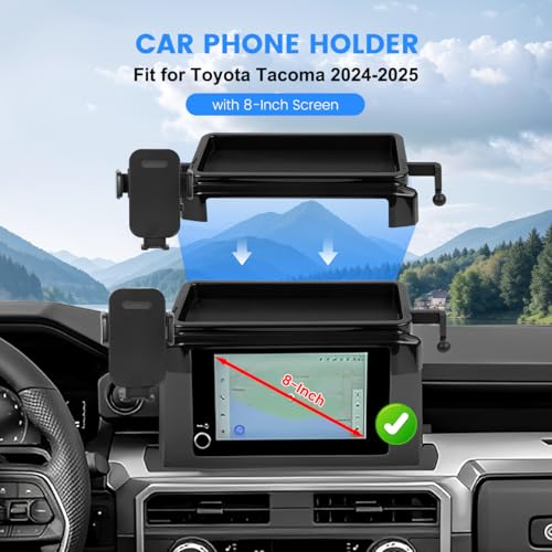 Image of Car Phone Holder Compatible with Toyota Tacoma 2024 2025 Accessories 8-Inch Screen Fixed Clip, Cell Phone Mount with Dash Organizer Center Console Tray Hands-Free 360 Rotation
