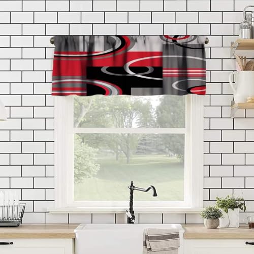 Image of Red Black Gray Geometric Window Valance Curtain, Mordern Red Abstract Stripe Retro Circle Swirls Window Treatment Valances for Kitchen Living Room Cafe Decor 54'x18', 1 Panel