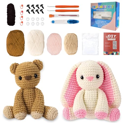 Häkelset für Anfänger: Amigurumi-Tierfiguren (Katzen, Kaninchen, Bär) mit Videoanleitung