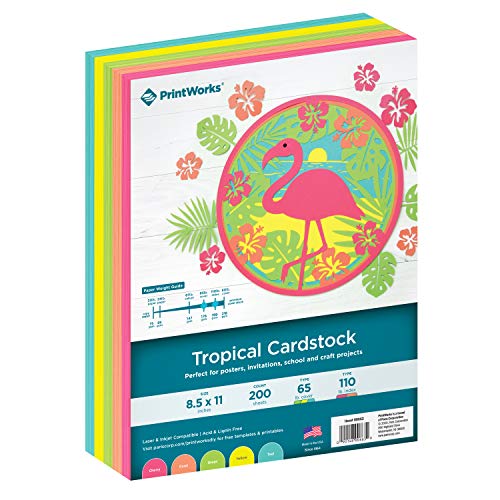 Printworks Tropical Cardstock, 5 Assorted Colors, Solid Core, 200 Sheets, 8.5” x 11” (00663)