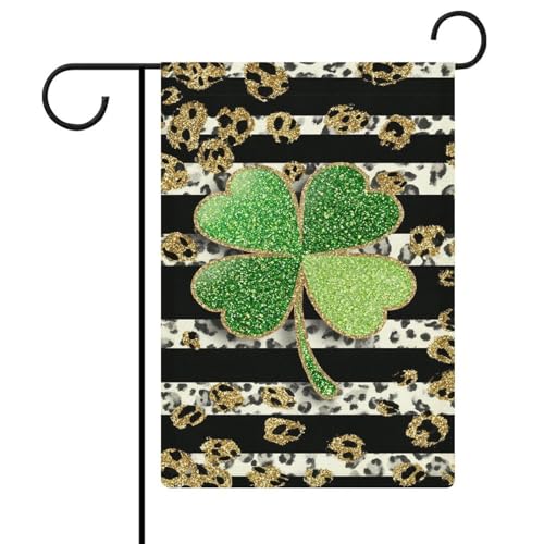 Glitzernde Kleeblatt auf schwarz-weiß gestreifter Gartenflagge, saisonale Feiertage, Jute, doppelseitig, Haus, Hof, Außenflaggen, 32 x 47 cm