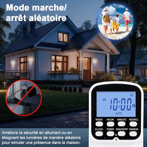 Programmateur Prise Electrique, Prise Programmable 16 Prog, Mode Aléatoire Sécurité Domestique, Minuteur Electrique Daily/Weekly, LCD Rétroéclairé, Interrupteur Lampe, Usage Intérieur – vue 6