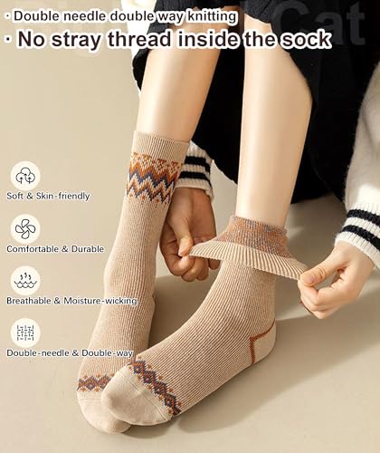 Image of IIG 3-5 Pairs Womens Vintage Cozy Crew Socks Soft Cute Neutral Cotton Socks Exquisite Patterns Socks Gift