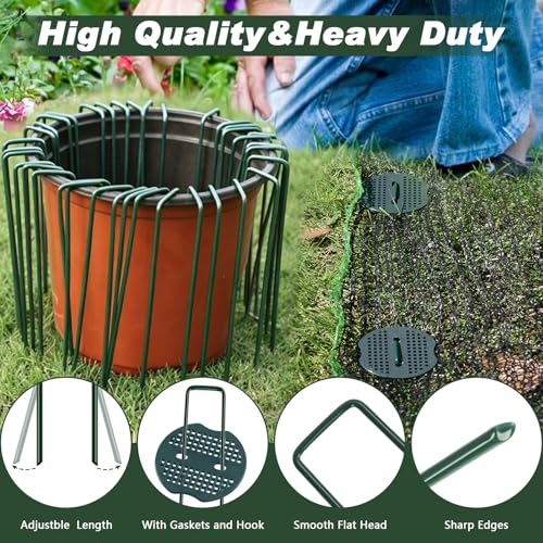 FEED GARDEN 6 Inch 50 Pcs Galvanized Landscape Staples 50 Pcs Gaskets Pick Hook Garden Stakes 11 Gauge Anti-Rust Landscaping Fabric SOD Pins U Shaped Yard Turf Stakes for Weed Barrier Fabric Green by FEED GARDEN - Used condition - Image 2