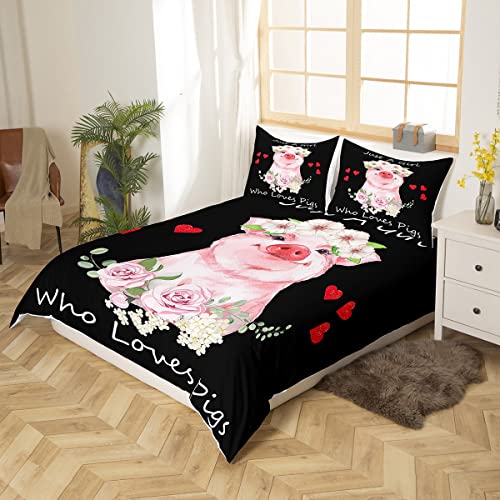 Grils Pink Pig Comforter Cover Cartoon Pigs Pattern Bedding Set Kawaii Animals Sweetheart Floral Print Duvet Cover For Children Kids Boys Microfiber Bedspread Cover Room Decor Bedclothes Queen #TOP1