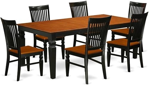 East West Furniture LGWE7-BCH-W Logan - Juego de cocina de 7 piezas que consta de una mesa rectangular con hojas de mariposa y 6 sillas de comedor,