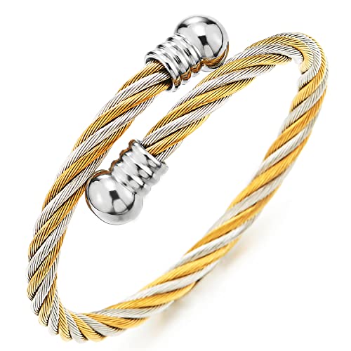 Image of COOLSTEELANDBEYOND Elastic Adjustable Steel Twisted Cable Cuff Bangle Bracelet for Mens for Women