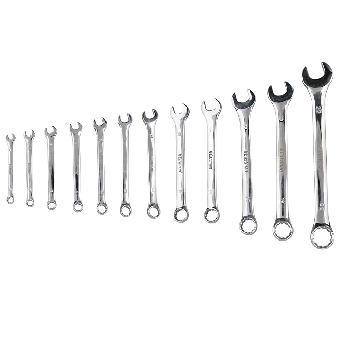 Eastman Combination Spanners - Recessed Panel, Kit-04-120M, Chrome Vanadium Steel, Chrome Plated Set of 12 pcs, Ring Spanner Set Wrench Set Tools E-2004