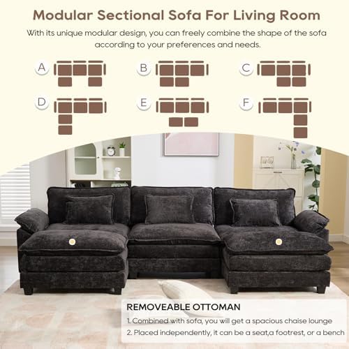 IPKIG Modular Sectional Sofa, Comfy Cloud Couch Modular Couch Sofa for Living Room, Basement, DIY Combination (Black, 117" - U Shaped) - 1
