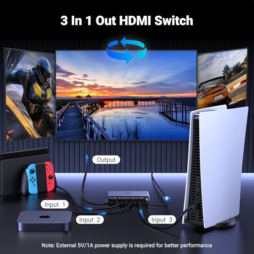 UGREEN HDMI 2.1 Switch, 4K@120Hz HDMI Switcher Splitter 3 In 1 Out, 8K@60Hz Support HDCP 2.3, VRR & ALLM, Dolby Vision & Atmos, High-Speed 48Gbps for PS5, Xbox, TV Box, DVD Player