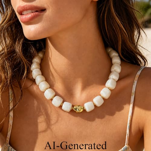 JIAOGE Chunky Beaded Necklaces for Women, White Beaded Statement Necklace — view 3