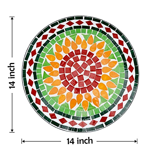 Vipush Mosaic Outdoor Side Table, 14" Round Folding End Table, Patio Accent Table Indoor Plant Stand For Living Room,Geramic Table Top Black Iron,Green Yellow #TOP4