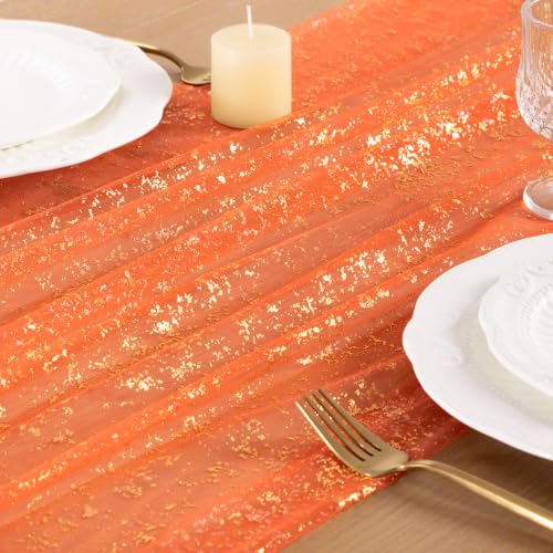 Image of Gold Glitter Table Runner Orange Sheer Gauze Foil Table Runner, 3PC