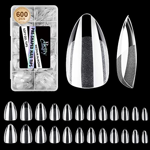 Short Almond Nail Tips - Bettycora 600Pcs Soft Gel Nail Tips Pre-Buff Almond Shaped Nail Tips For Nail Extensions Soak Off, 10 Sizes #TOP5