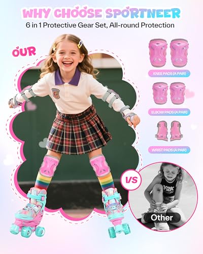 Sportneer Kids Roller Skates: 4 Size Adjustable Quad Skates with Light Up Wheels for 5-8 8-12 Girls Boys Toddlers Beginners, Birthday Gift Skates with Protective Gear Set for Outdoor Indoor