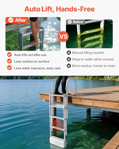 Image of VEVOR Retractable Dock Ladder, 5 Steps, Aluminum Alloy Pontoon Boat Swim Ladder with Auto-Lift Float, Non-Slip Wide Steps, Adjustable Height, 500 lbs Weight Capacity, for Lake Swimming, Pool, Boat