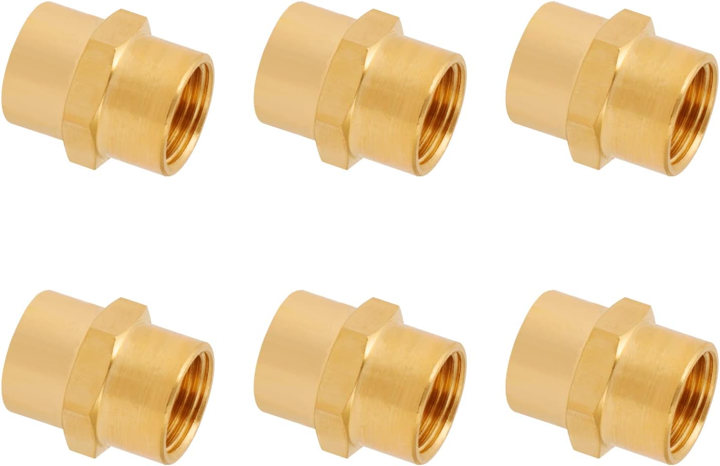 SUNGATOR 6-Pack 3/8 Inch Female Hex Couplings, 3/8'' NPT Female Brass Hex Nipple Adapters, 3/8'' Brass Pipe Extension Fittings for Air Line, Oil, Spigot, Gas
