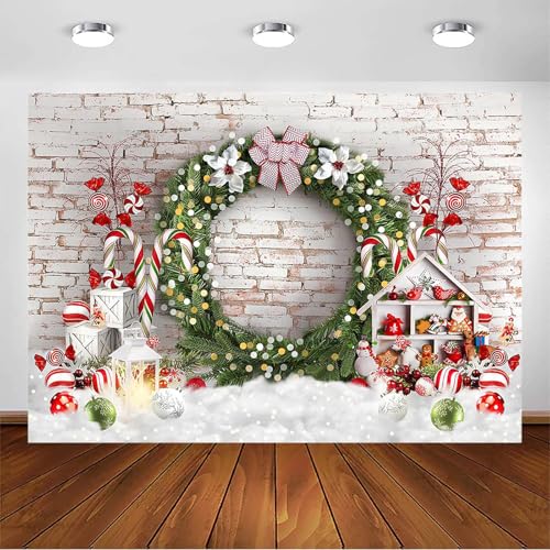 Avezano Telón de fondo de fotografía de Navidad, fondo de pared de ladrillo blanco, bastones de caramelo de Navidad, fondo de corona de Navidad para niños, accesorios de cabina de fotos (7 x 5 pies)