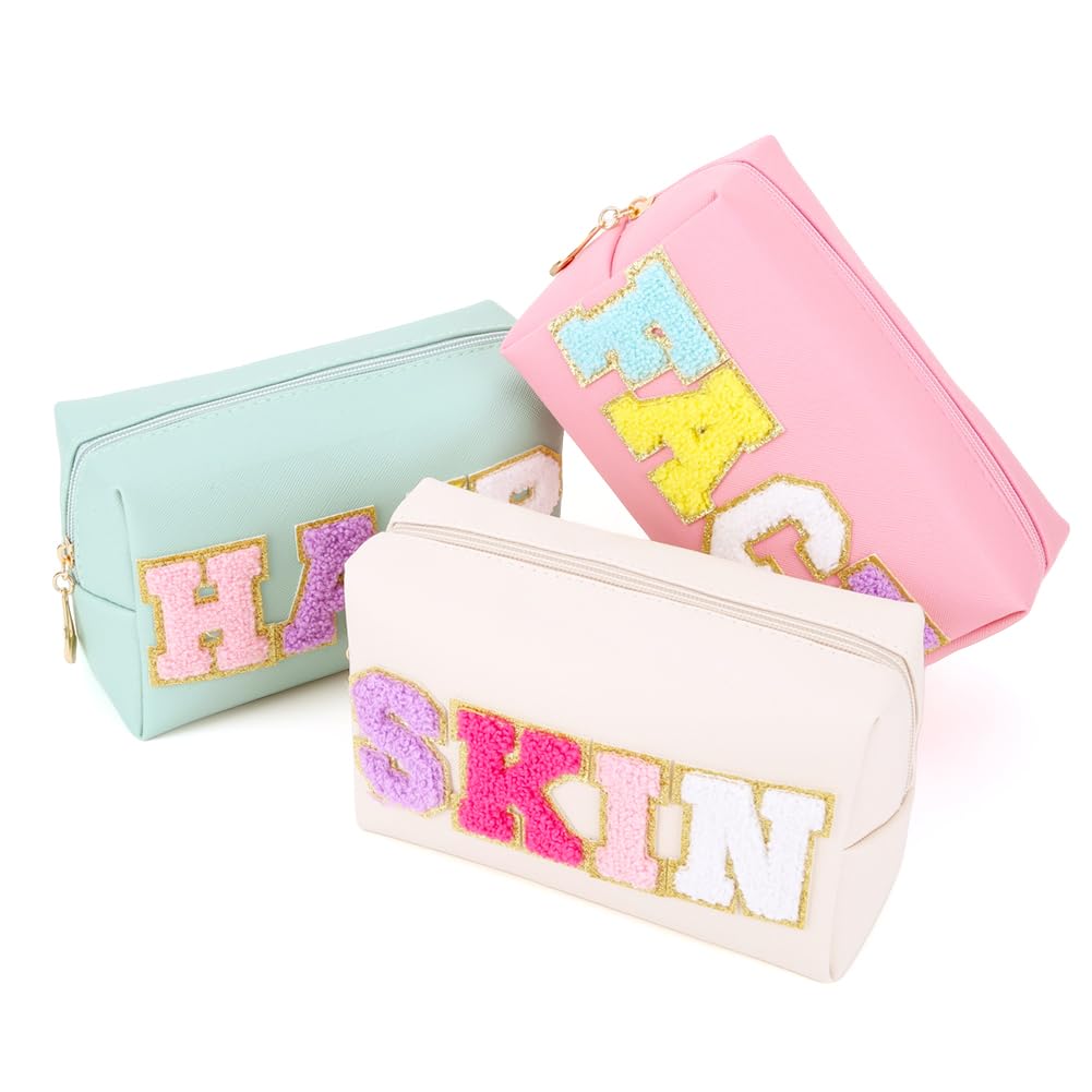 4 Preppy Make-up-Taschen – Bunt, Aus PU-Leder, Mit Aufnähern, Wasserabweisend