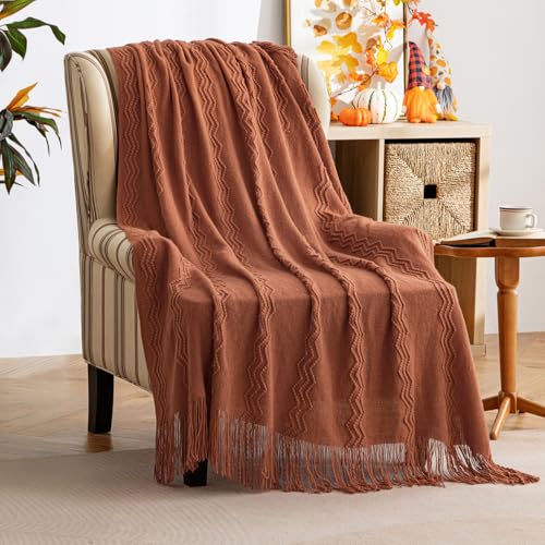 MIULEE Knitted Boho Throw Blanket for Couch Textured Knit Terracotta