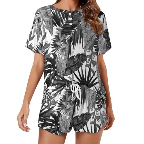 Pyjama pour femme manches courtes vêtement de nuit ete sleepwear feuille tropicale