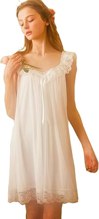 Womens Nightdress Sleeveless Sleepwear Lace Spaghetti Strap Nightshirt Victorian Nightgown
