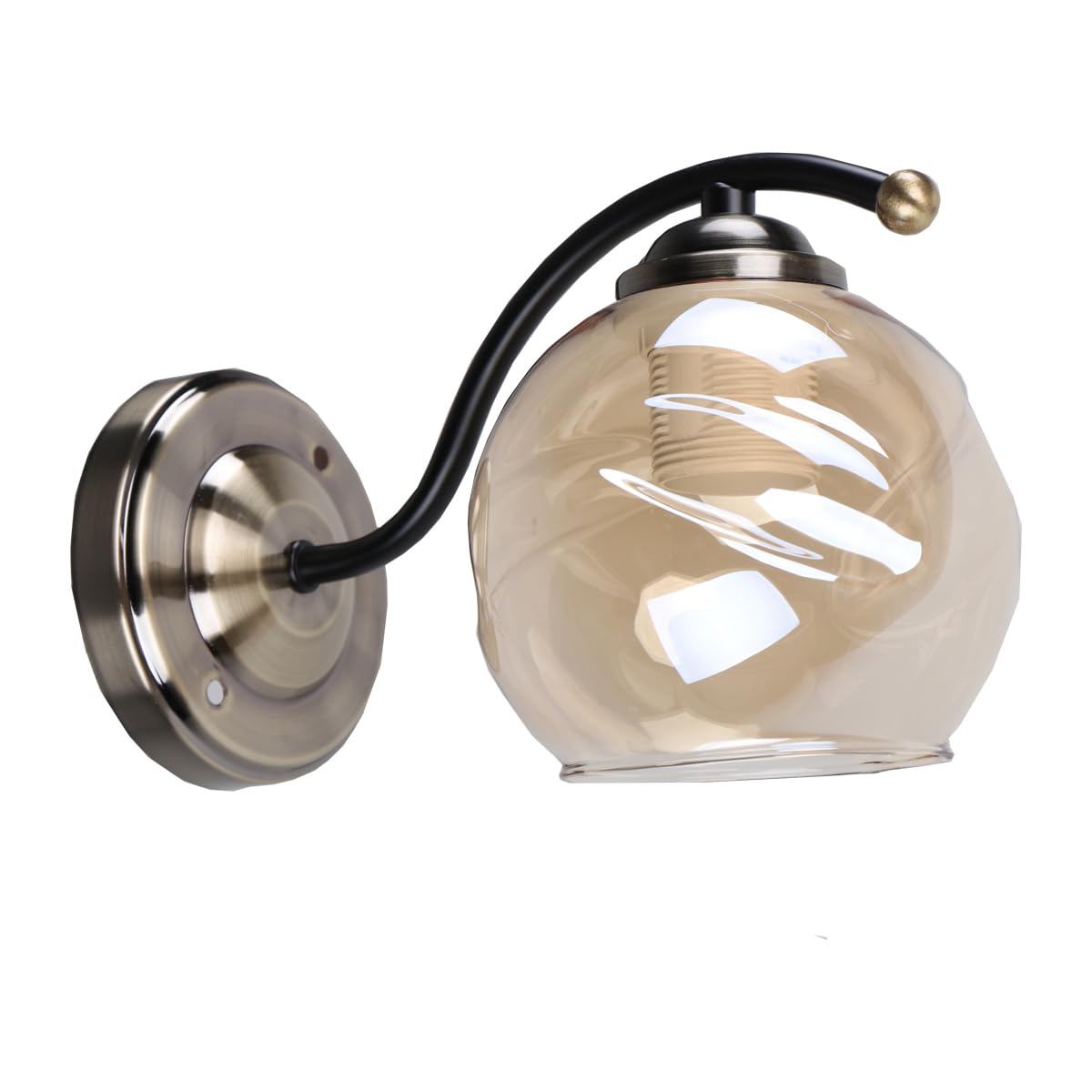 Tekled Amber, Black, Antique Brass Amber Glass Black And Antique Brass Wall Light E27 Fitting And Pull Down Switch