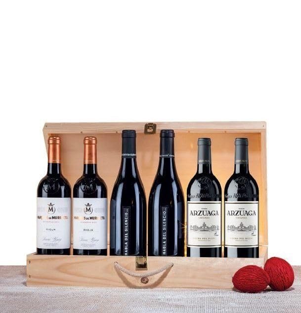 EUROLOTES Vino Tinto Rioja Reserva y Ribera del Duero Crianza, Marqués de Murrieta, Arzuaga, Habla del Silencio, 6 Botellas x 750ml, Caja de Madera