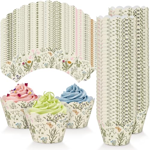 LemonRoad 100 Pcs Wildflower Cupcake Wrappers, Vintage Green Floral Decorative Cupcake Liners, Scalloped Brim Muffin Holders for Wedding, Baby Shower, Birthday, Spring & Party Decorations