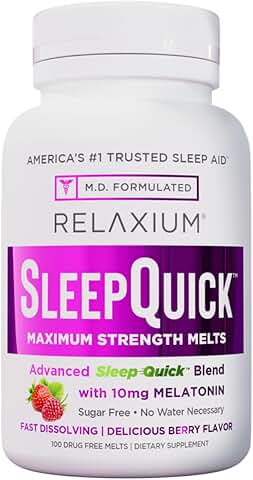 Relaxium Sleep Quick Maximum Strength Melts, Fast Acting Sleep Aid with 10 mg Melatonin, Drug Free Dietary Supplement, Vegan, Gluten Free, Made in USA, 100 Servings, Berry Flavor