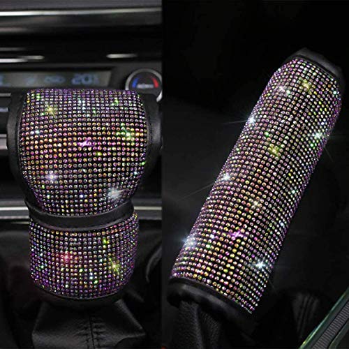 QINU 2 Pcs Bling Bling Crystal Rhinestones Car Shift Gear Cover & Handbrake Cover, Luster Crystal Diamond Car Decor Accessories for Women (Colorful - Shift Gear Cover & Handbrake Cover)