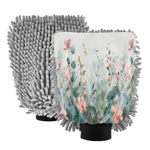 Flradish 2 Pack Watercolor Leaves Flowers Car Wash Mitt Chenille Microfiber Lint-Free Scratch Free Ultra-Soft Absorbent Car Wash Mitt 10.2x7.09 Inch
