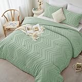 CozyLux Full Size Comforter Set Sage Green - 3 Pieces Boho Tufted Shabby Chic Bedding Comforter Set for All Seasons, Chevron Bedding Sets with Comforter & 2 Pillow Shams