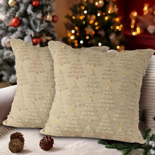 Lanpn Christmas 60x60 Throw Pillow Covers Set of 2, Winter Star Chrismas Tree Throw Pillow Cases Soft Plush Faux Fur Wool 24 x 24 Winter Cushion Cover for Indoor Home Bedroom Couch Sofa Decor (Beige)
