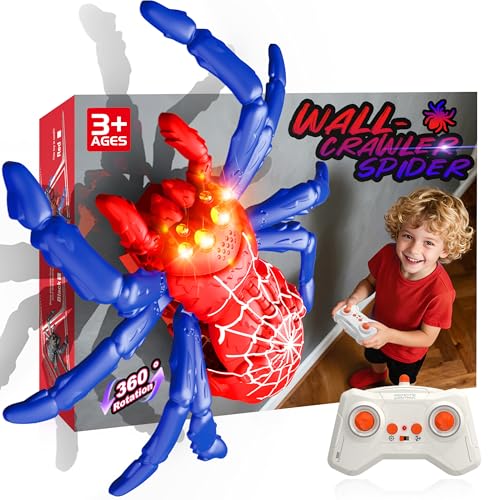 POPPLAYING Wall Climbing Spider Robot - Gravity-Defying Ceiling & Floor Crawler with LED Eyes, 360° Stunts, Rechargeable RC Spider Toy for Kids Ages 3+