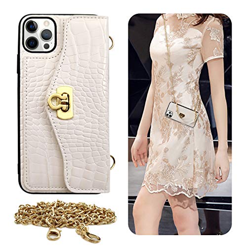 Luvi For Iphone 12/Iphone 12 Pro Case With Crossbody Neck Strap Lanyard Purse Handbag Shoulder Strap Cover Pu Leather Wallet Card Holder Luxury Fashion 3D Crocodile Snake Skin Case 6.1 Inch White #TOP1