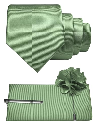 JEMYGINS Formal Necktie Sage Green Tie and Pocket Square with Tie Clip Lapel Pin Sets for Men(34)