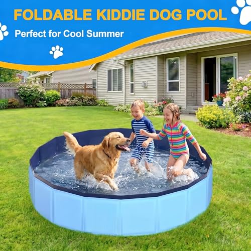 Hundepool faltbar aus kratzfestem PVC-Material, Ø 200 cm, Höhe 40 cm, Anti-Rutsch-Belag & Abflussstopfen für schnelle Entleerung, Keine Pumpe benötigt, robuster Kinderpool, Blau