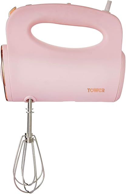Tower T12061PNK Cavaletto Hand Mixer with Stainless Steel Beaters, Dough Hooks, 5 Speeds, 300W, Marshmallow Pink and Rose Gold